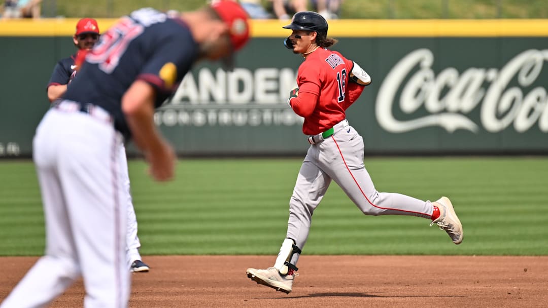 Feb 27, 2026; North Port, Florida, USA; Boston Red Sox right fielder Jarren Duran (16) rounds the bases after hitting a solo home run in the first inning against the Atlanta Braves during spring training at CoolToday Park. Mandatory Credit: Jonathan Dyer-Imagn Images