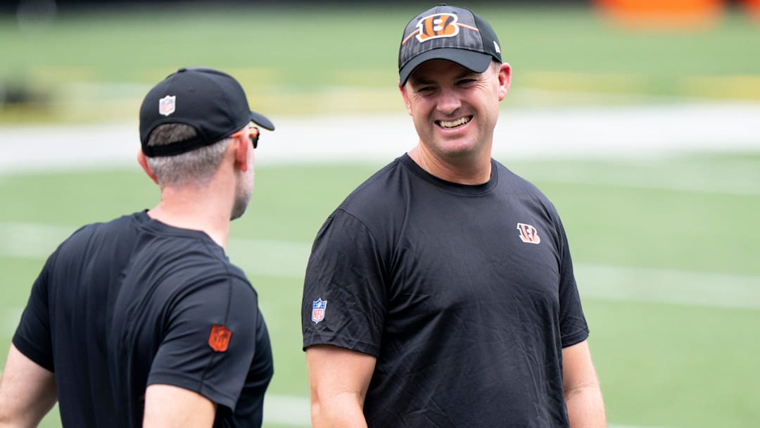 Cincinnati Bengals head coach Zac Taylor smiles during the Cincinnati Bengals fan day practice at Paul Brown Stadium in Cincinnati on Saturday, July 29, 2023. Cincinnati Bengals head coach Zac Taylor smiles during the Cincinnati Bengals fan day practice at Paul Brown Stadium in Cincinnati on Saturday, July 29, 2023.