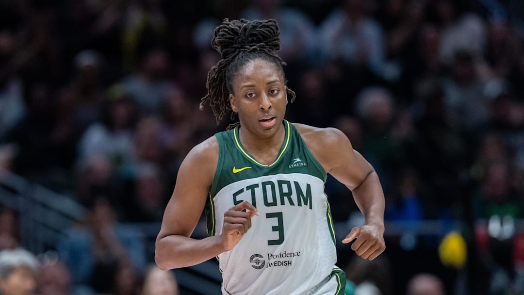 Aug 30, 2025; Seattle, Washington, USA; Seattle Storm forward Nneka Ogwumike (3) is pictured during a game against the Chicago Sky at Climate Pledge Arena. Mandatory Credit: Stephen Brashear-Imagn Images