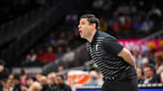 Mar 12, 2025; Kansas City, MO, USA; Cincinnati Bearcats coach Wes Miller reacts to game play during the first half against the Iowa State Cyclones at T-Mobile Center. Mandatory Credit: William Purnell-Imagn Images