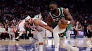 May 16, 2025; New York, New York, USA; New York Knicks guard Josh Hart (3) reaches for the ball against Boston Celtics guard Jaylen Brown (7) during the second quarter of game six in the second round of the 2025 NBA Playoffs at Madison Square Garden. Mandatory Credit: Brad Penner-Imagn Images
