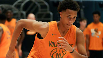 Tennessee forward Nate Ament (10) sprints downcourt during drills at basketball practice on September 23, 2025, in Knoxville, Tennessee.