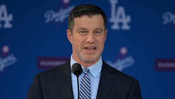 Jan 22, 2025; Los Angeles, CA, USA;  Andrew Friedman, President of baseball operations speaks during an introductory press conference for Los Angeles Dodgers pitcher Roki Sasaki (11) at Dodger Stadium. Mandatory Credit: Jayne Kamin-Oncea-Imagn Images  