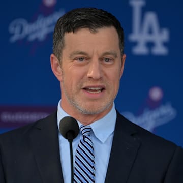 Jan 22, 2025; Los Angeles, CA, USA;  Andrew Friedman, President of baseball operations speaks during an introductory press conference for Los Angeles Dodgers pitcher Roki Sasaki (11) at Dodger Stadium. Mandatory Credit: Jayne Kamin-Oncea-Imagn Images  