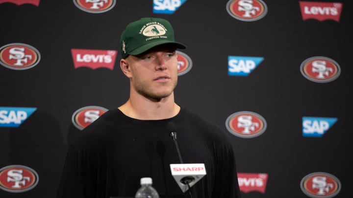 San Francisco 49ers running back Christian McCaffrey answers questions at a press conference following Day 3 of training camp at SAP Performance Facility.