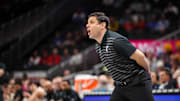 Mar 12, 2025; Kansas City, MO, USA; Cincinnati Bearcats coach Wes Miller reacts to game play during the first half against the Iowa State Cyclones at T-Mobile Center. Mandatory Credit: William Purnell-Imagn Images