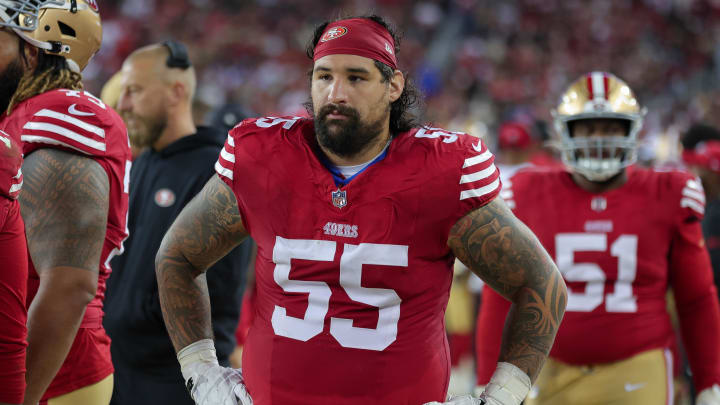 Aug 25, 2023; Santa Clara, California, USA; San Francisco 49ers guard Jon Feliciano (55) during the game against the Los Angeles Chargers at Levi's Stadium. Mandatory Credit: Sergio Estrada-USA TODAY Sports