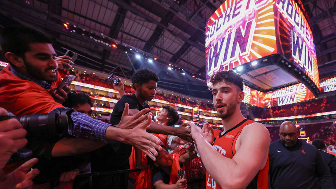 Apr 30, 2025; Houston, Texas, USA; Houston Rockets center Alperen Sengun (28) shakes hands with fans after defeating the Golden State Warriors in game five of first round for the 2025 NBA Playoffs at Toyota Center. Mandatory Credit: Thomas Shea-Imagn Images