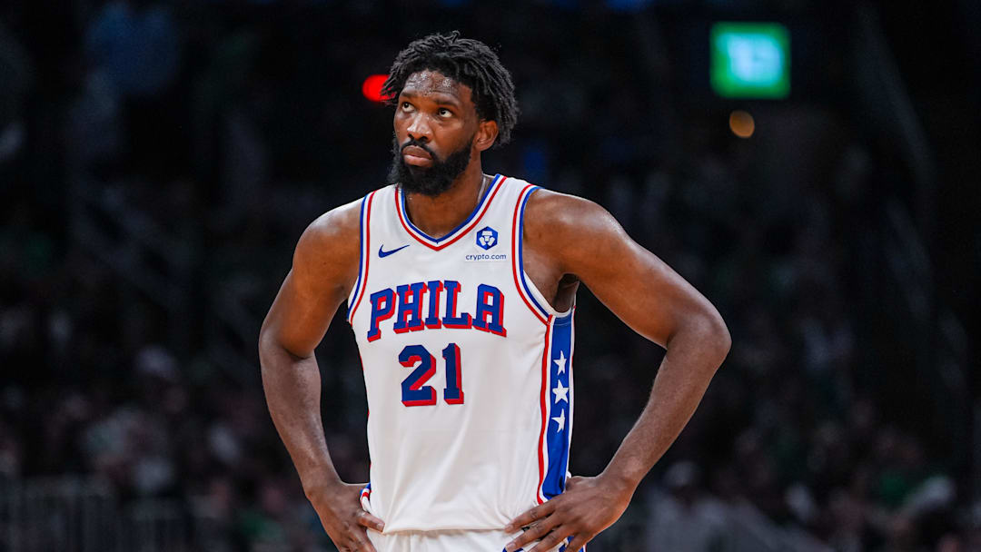 Apr 28, 2026; Boston, Massachusetts, USA; Philadelphia 76ers center Joel Embiid (21) on the court against the Boston Celtics in the second half during game five of the first round of the 2026 NBA Playoffs at TD Garden.