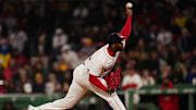 Boston, Massachusetts, USA; Boston Red Sox pitcher Aroldis Chapman (44) throws a pitch against the Toronto Blue Jays in the ninth inning at Fenway Park.