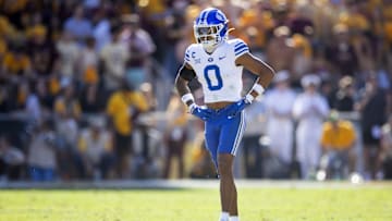 Nov 23, 2024; Tempe, Arizona, USA; Brigham Young Cougars cornerback Jakob Robinson (0) against the Arizona State Sun Devils at Mountain America Stadium. Mandatory Credit: Mark J. Rebilas-Imagn Images