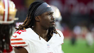 Jan 5, 2025; Glendale, Arizona, USA; San Francisco 49ers cornerback Isaac Yiadom (22) against the Arizona Cardinals at State Farm Stadium. Mandatory Credit: Mark J. Rebilas-Imagn Images
