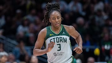 Aug 30, 2025; Seattle, Washington, USA; Seattle Storm forward Nneka Ogwumike (3) is pictured during a game against the Chicago Sky at Climate Pledge Arena. Mandatory Credit: Stephen Brashear-Imagn Images