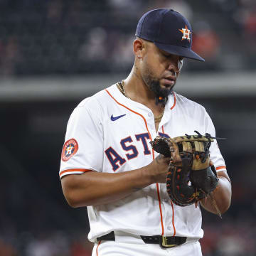 Jun 5, 2024; Houston, Texas, USA; Houston Astros first baseman Jose Abreu (79) reacts after a play during the fourth inning against the St. Louis Cardinals at Minute Maid Park