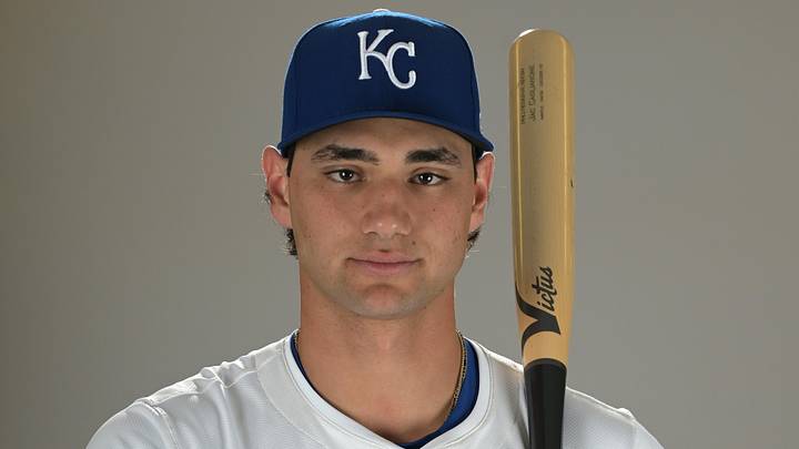 Feb 19, 2025; Surprise, AZ, USA; Kansas City Royals Jac Caglianone (14) poses for a photo during media day. Mandatory Credit: Jayne Kamin-Oncea-Imagn Images  