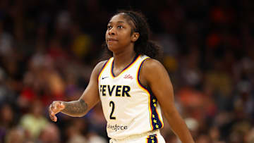 Aug 7, 2025; Phoenix, Arizona, USA; Indiana Fever guard Aari McDonald (2) against the Phoenix Mercury during an WNBA game at PHX Arena. Mandatory Credit: Mark J. Rebilas-Imagn Images
