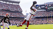 Sep 22, 2024; Cleveland, Ohio, USA; New York Giants wide receiver Malik Nabers (1) makes a touchdown reception under coverage by Cleveland Browns cornerback Martin Emerson Jr. (23) during the second quarter at Huntington Bank Field. Mandatory Credit: Scott Galvin-Imagn Images