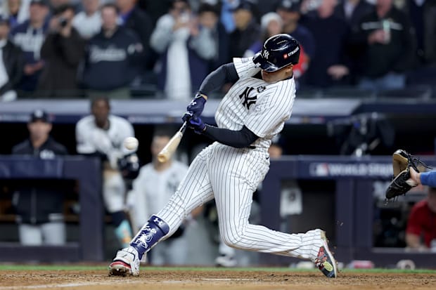 Oct 29, 2024; New York, New York, USA; Yankees’ Juan Soto swings at a pitch vs. Dodgers in World Series.