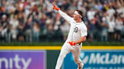 Detroit Tigers designated hitter Kerry Carpenter celebrates after hitting a grand slam against the Chicago White Sox.