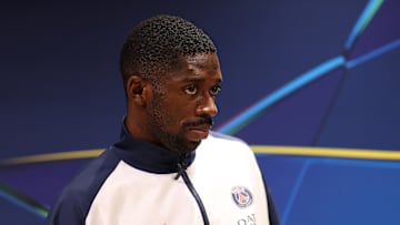 Ousmane Dembélé as he stepped into the press conference room ahead of his game against Man City on Wednesday.