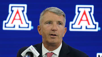Jul 9, 2025; Frisco, TX, USA; Arizona head coach Brent Brennan speaks with the media during 2025 Big 12 Football Media Days at The Star. Mandatory Credit: Raymond Carlin III-Imagn Images