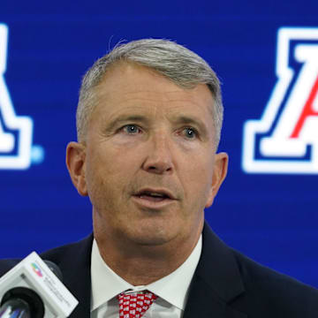 Jul 9, 2025; Frisco, TX, USA; Arizona head coach Brent Brennan speaks with the media during 2025 Big 12 Football Media Days at The Star. 