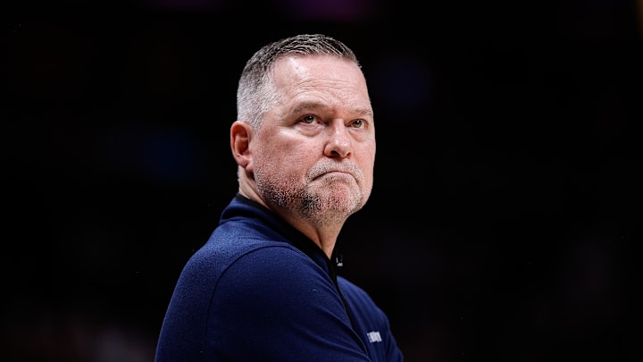 Apr 29, 2024; Denver, Colorado, USA; Denver Nuggets head coach Michael Malone in the first quarter against the Los Angeles Lakers during game five of the first round for the 2024 NBA playoffs at Ball Arena. Mandatory Credit: Isaiah J. Downing-Imagn Images