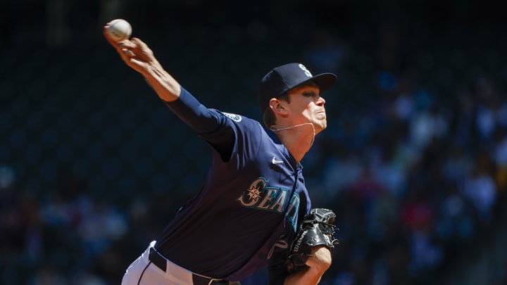 Seattle Mariners starting pitcher Emerson Hancock (62) throws against the Atlanta Braves during the second inning at T-Mobile Park on May 1.