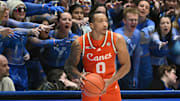 Jan 14, 2025; Durham, North Carolina, USA; Duke Blue Devils fans harass Miami Hurricanes guard Matthew Cleveland (0) as he tries to inbound the ball during the second half at Cameron Indoor Stadium. Mandatory Credit: Rob Kinnan-Imagn Images