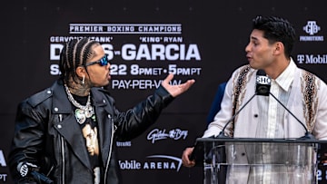 Gervonta "Tank" Davis and Ryan Garcia argue as they address the media on March 9, 2023.