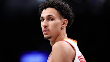 Atlanta Hawks forward Zaccharie Risacher on the court during a game versus the Brooklyn Nets.