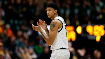 Feb 15, 2025; Fort Collins, Colorado, USA; Colorado State Rams guard Nique Clifford (10) reacts after a play in the second half against the Wyoming Cowboys at Moby Arena. Mandatory Credit: Isaiah J. Downing-Imagn Images