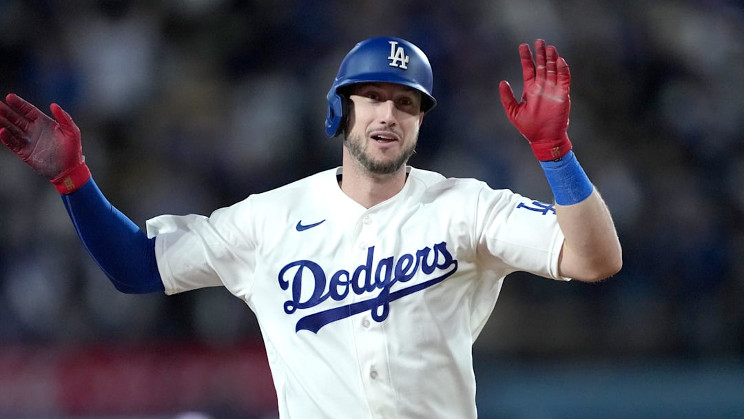 Apr 15, 2026; Los Angeles, California, USA; Los Angeles Dodgers right fielder Kyle Tucker runs the bases after hitting a home run in the eighth inning against the New York Mets at Dodger Stadium. Mandatory Credit: Kirby Lee-Imagn Images