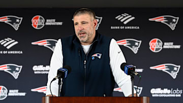 Mar 13, 2025; Foxborough, MA, USA; New England Patriots head coach Mike Vrabel discusses the teamís recent free agent additions with the media at Gillette Stadium. Mandatory Credit: Eric Canha-Imagn Images