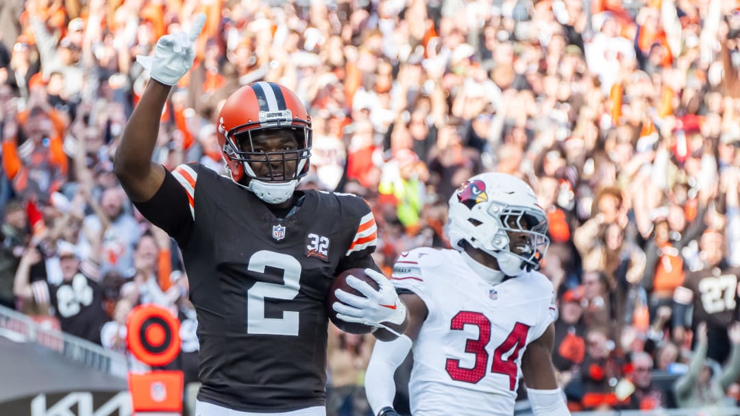 Nov 5, 2023; Cleveland, Ohio, USA; Cleveland Browns wide receiver Amari Cooper (2) celebrates after scoring during the first half against the Arizona Cardinals at Cleveland Browns Stadium. Mandatory Credit: Ken Blaze-USA TODAY Sports