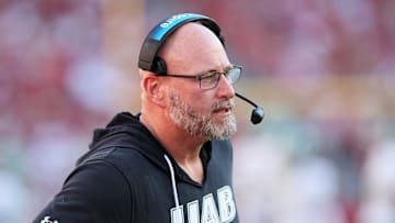 Sep 14, 2024; Fayetteville, Arkansas, USA; UAB Blazers head coach Trent Dilfer in the third quarter against the Arkansas Razorbacks at Donald W. Reynolds Razorback Stadium. Arkansas won 37-27. Mandatory Credit: Nelson Chenault-Imagn Images