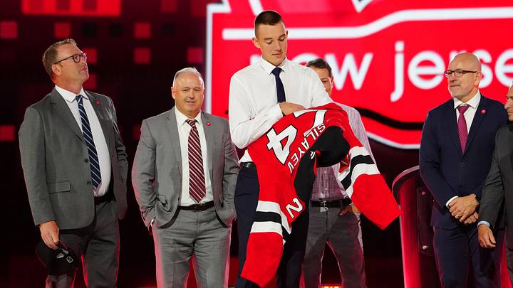 Jun 28, 2024; Las Vegas, Nevada, USA; Anton Silayev is selected by the New Jersey Devils with the 10th overall pick in the first round of the 2024 NHL Draft at The Sphere. Mandatory Credit: Stephen R. Sylvanie-Imagn Images