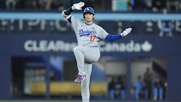 Oct 31, 2025; Toronto, Ontario, CAN; Los Angeles Dodgers two-way player Shohei Ohtani (17) celebrates after hitting a double against the Toronto Blue Jays in the eighth inning during game six of the 2025 MLB World Series at Rogers Centre. Mandatory Credit: John E. Sokolowski-Imagn Images