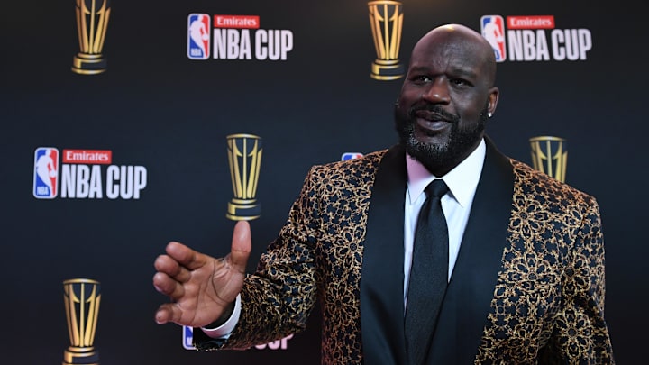 Dec 14, 2024; Las Vegas, NV, USA; Shaquille O'Neal arrives on the red carpet before the Emirates NBA Cup semifinal game at T-Mobile Arena. Dec 14, 2024; Las Vegas, NV, USA; Shaquille O'Neal arrives on the red carpet before the Emirates NBA Cup semifinal game at T-Mobile Arena.