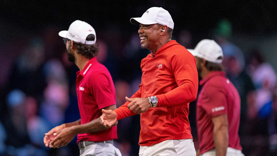 Tiger Woods of Jupiter Links GC celebrates a win over Boston Common Golf during TGL match at SoFi Center on March 17, 2026.