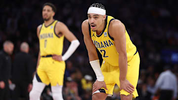 Indiana Pacers guard Andrew Nembhard (2) during a playoff game against the New York Knicks.