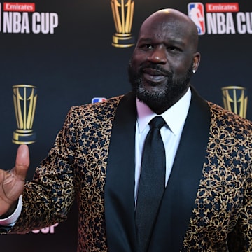 Shaquille O'Neal arrives on the red carpet before the Emirates NBA Cup semifinal game at T-Mobile Arena.
