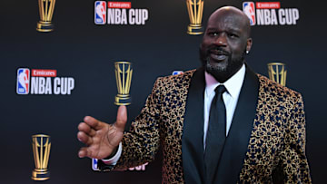 Dec 14, 2024; Las Vegas, NV, USA; Shaquille O'Neal arrives on the red carpet before the Emirates NBA Cup semifinal game at T-Mobile Arena. Mandatory Credit: Candice Ward-Imagn Images