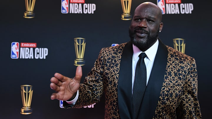 Dec 14, 2024; Las Vegas, NV, USA; Shaquille O'Neal arrives on the red carpet before the Emirates NBA Cup semifinal game at T-Mobile Arena. Mandatory Credit: Candice Ward-Imagn Images Dec 14, 2024; Las Vegas, NV, USA; Shaquille O'Neal arrives on the red carpet before the Emirates NBA Cup semifinal game at T-Mobile Arena. Mandatory Credit: Candice Ward-Imagn Images