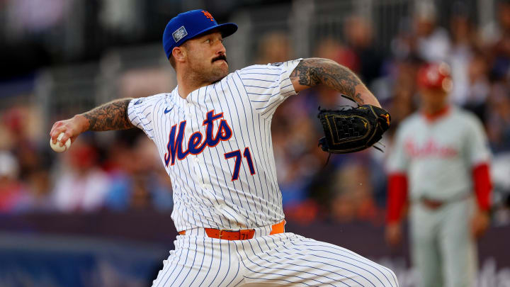 [US, Mexico & Canada customers only] June 8, 2024; London, UNITED KINGDOM; New York Mets pitcher Sean Reid-Foley in action against the Philadelphia Phillies during a London Series baseball game at Queen Elizabeth Olympic Park. Mandatory Credit: Matthew Childs/Reuters via USA TODAY Sports