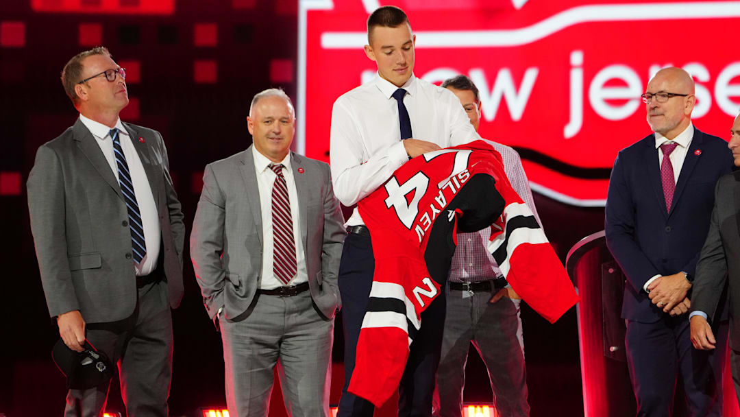 Anton Silayev is selected by the New Jersey Devils with the 10th overall pick of the 2024 NHL Draft: Stephen R. Sylvanie-Imagn Images