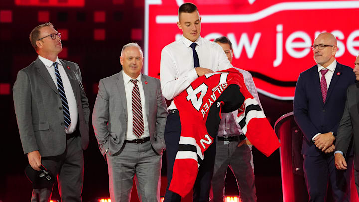 Anton Silayev is selected by the New Jersey Devils with the 10th overall pick of the 2024 NHL Draft: Stephen R. Sylvanie-Imagn Images
