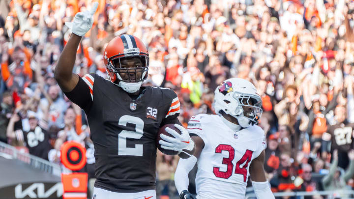 Nov 5, 2023; Cleveland, Ohio, USA; Cleveland Browns wide receiver Amari Cooper (2) celebrates after scoring during the first half against the Arizona Cardinals at Cleveland Browns Stadium. Mandatory Credit: Ken Blaze-USA TODAY Sports