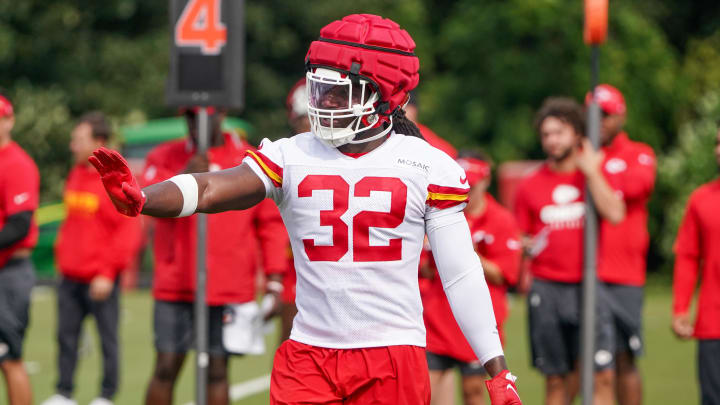 Jul 24, 2023; St. Joseph, MO, USA; Kansas City Chiefs linebacker Nick Bolton (32) gestures on the line during training camp at Missouri Western State University. Mandatory Credit: Denny Medley-USA TODAY Sports