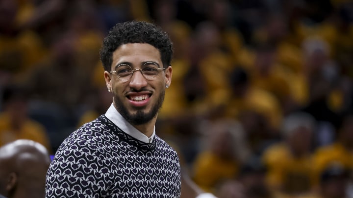 May 27, 2024; Indianapolis, Indiana, USA; Tyrese Haliburton during the first quarter during game four of the eastern conference finals for the 2024 NBA playoffs at Gainbridge Fieldhouse. Mandatory Credit: Trevor Ruszkowski-USA TODAY Sports